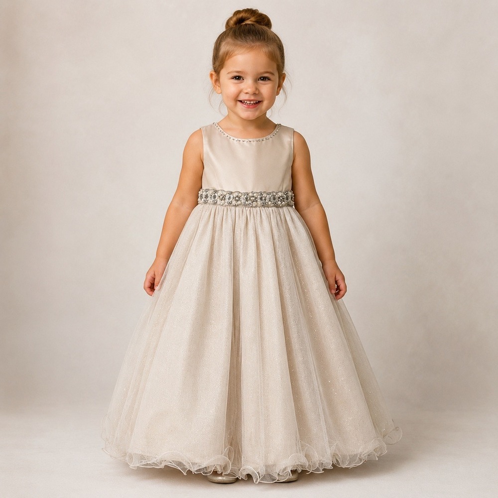 Chantilly Place Girls 3T Taupe Beaded Tulle Formal Flower Girl Dress NWT
